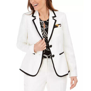Kasper Suits Herringbone Piped Jacket Blazer In Vanilla Ice/Black Size 4 $149